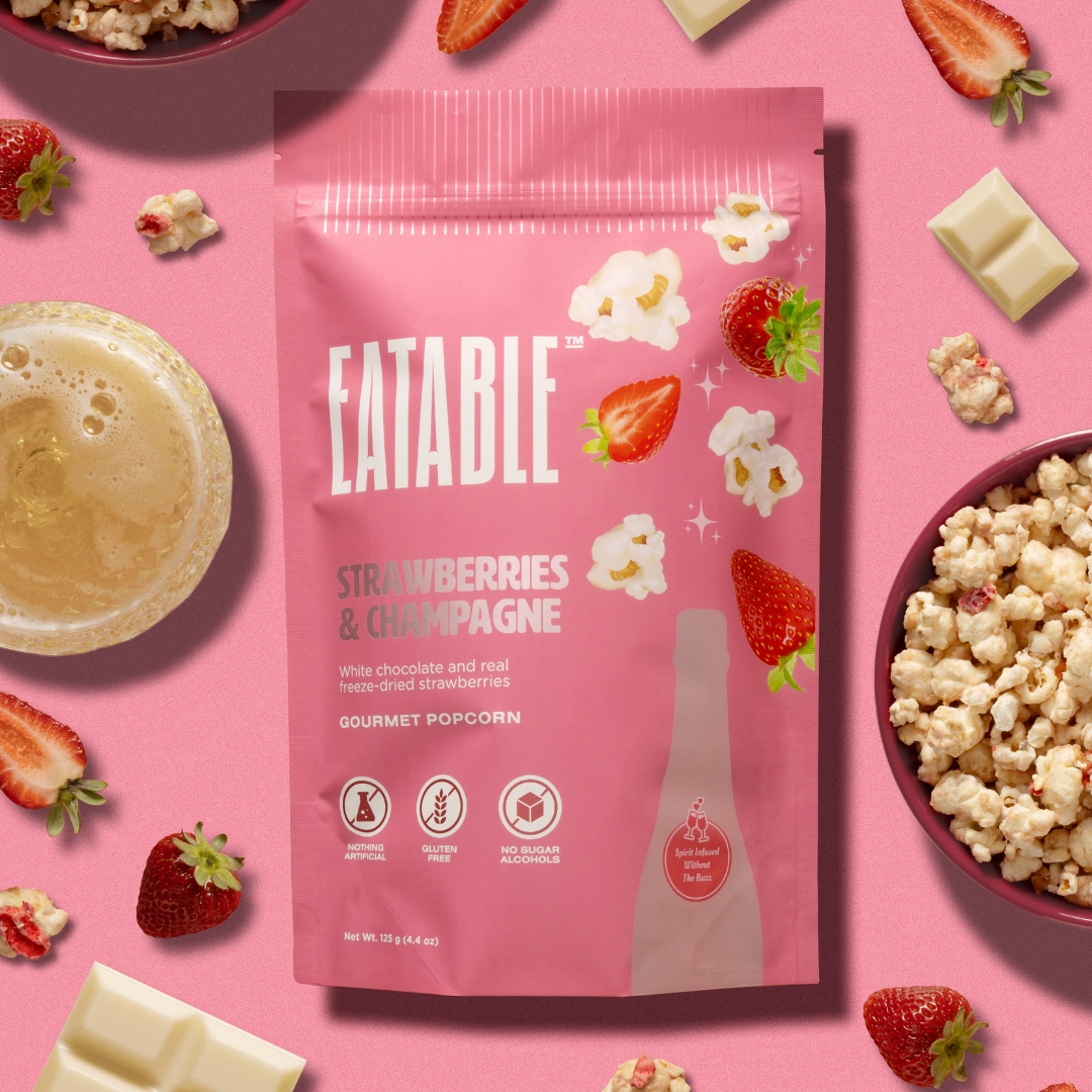 EATABLE Popcorn - Strawberries & Champagne 🍓 Gourmet White Chocolate Popcorn: Canadian Packaging