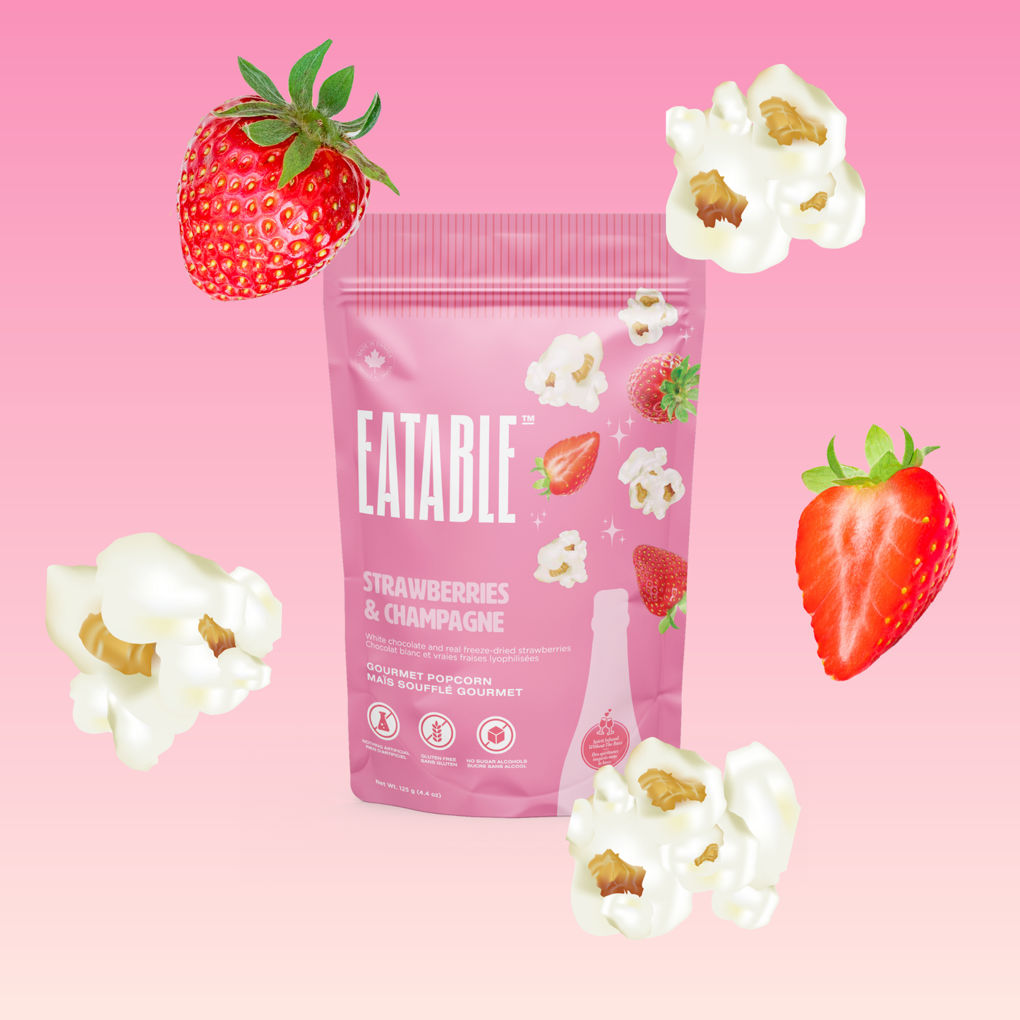 EATABLE Popcorn - Strawberries & Champagne 🍓 Gourmet White Chocolate Popcorn: Canadian Packaging