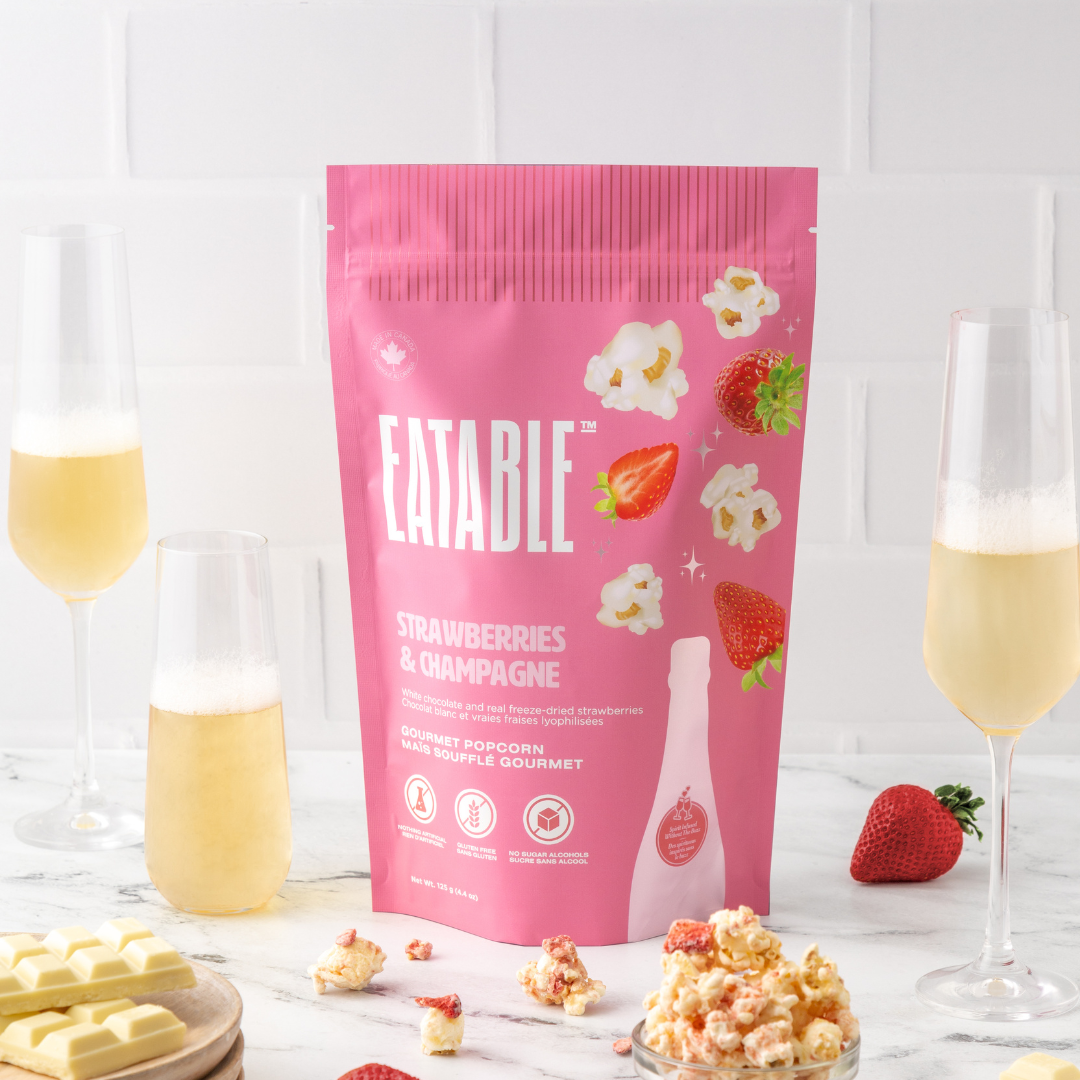 EATABLE Popcorn - Strawberries & Champagne 🍓 Gourmet White Chocolate Popcorn: Canadian Packaging