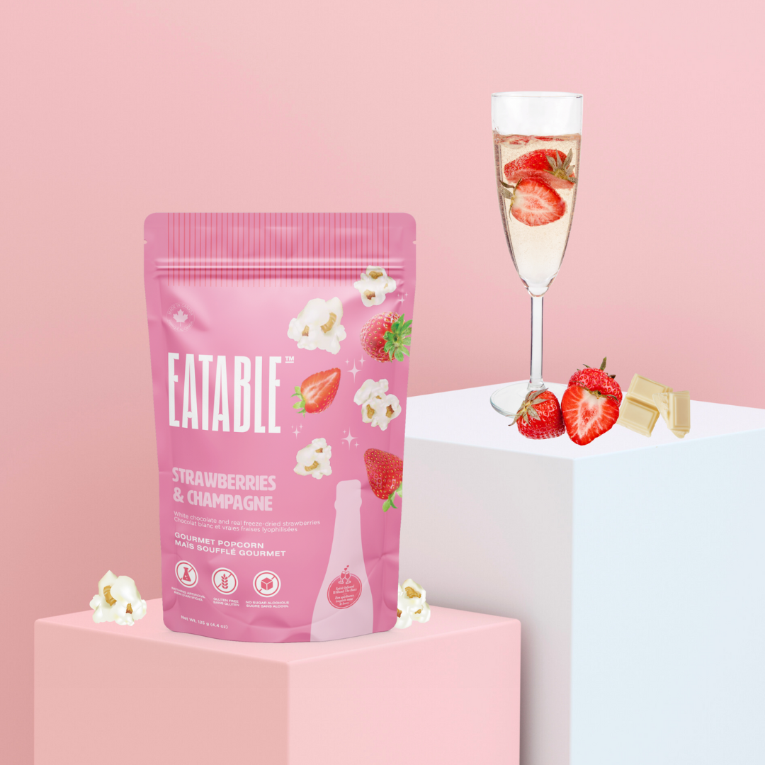 EATABLE Popcorn - Strawberries & Champagne 🍓 Gourmet White Chocolate Popcorn: Canadian Packaging