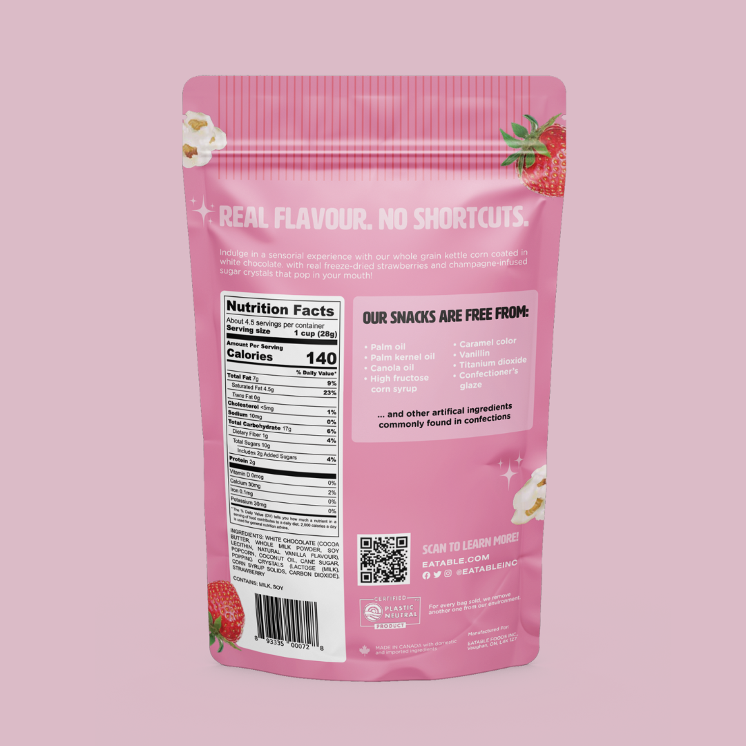 EATABLE Popcorn - Strawberries & Champagne 🍓 Gourmet White Chocolate Popcorn: Canadian Packaging