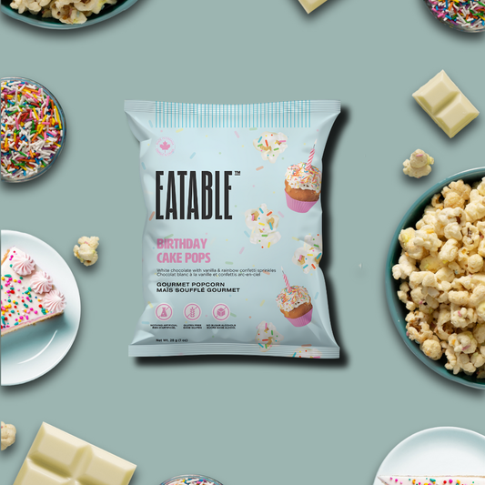 EATABLE Popcorn - Mini Birthday Cake Pops - White Chocolate Rainbow Popcorn