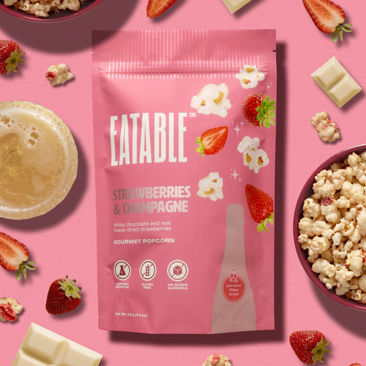 EATABLE Popcorn - Strawberries & Champagne 🍓 Gourmet White Chocolate Popcorn: Canadian Packaging