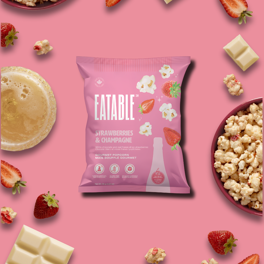 EATABLE Popcorn - Mini Strawberries & Champagne - White Chocolate Popcorn