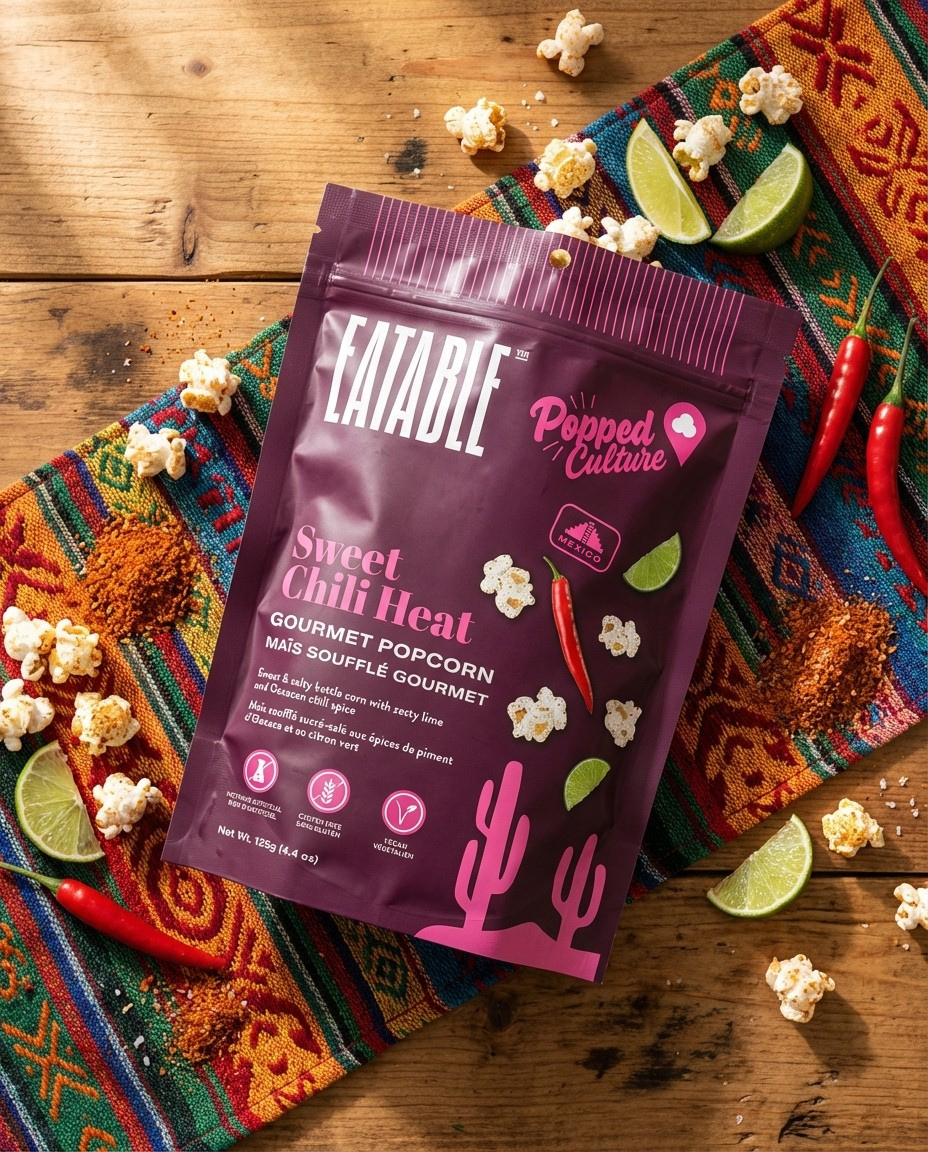 EATABLE Popcorn - 🇨🇦 Popped Culture 🌎 Sweet Chili Heat Popcorn (Vegan)